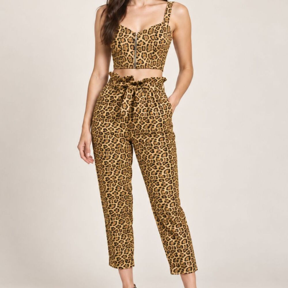 Vintage Leopard Print Two Piece Set Small Crop Top High Waisted Pants